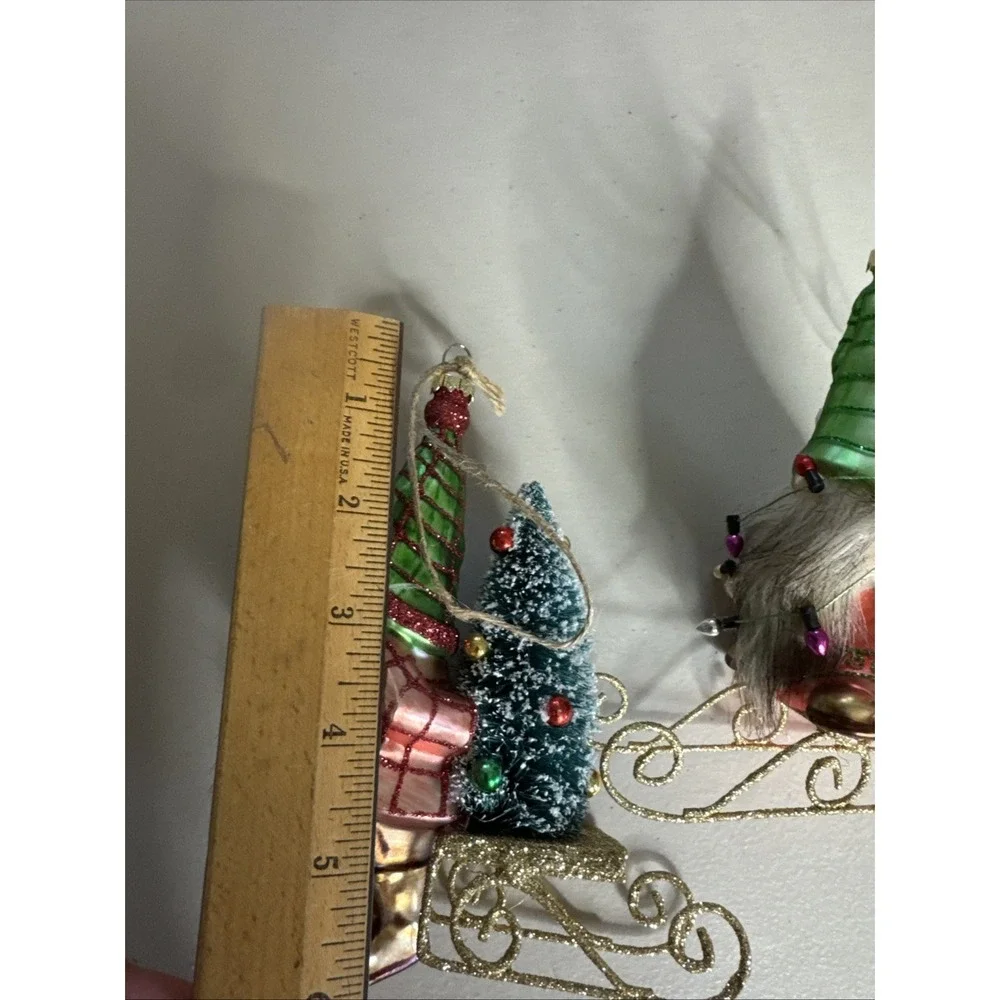 POTTERY BARN - New Mercury Glass GNOME Ornament Sled Faux Fur Beard - Set Of 2